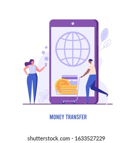Successful people transfer money and credit card with mobile bank service. Concept of international transfer money, banking, mobile service, bank account. Vector illustration in flat design