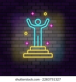 Successful person neon icon. Education neon icon on dark brick wall background