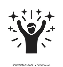 Successful person raising hands surrounded by shiny stars representing fame celebrity achievement stardom talent show winner glowing concept