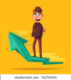 Successful person standing on up arrow. Character giving thumb up. Catoon vector illustration