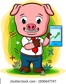 Erfolgreicher Schweinearbeiter, der eine Tablette hält 
