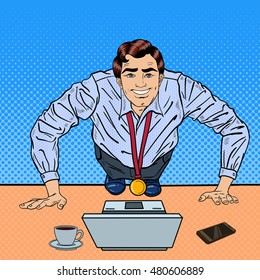 Successful Pop Art Business Man with Medal Doing Push-ups on the Office Table with Laptop. Vector illustration