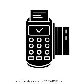 Successful POS terminal transaction glyph icon. Silhouette symbol. Payment terminal. Negative space. E-payment. Vector isolated illustration