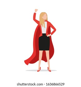 Successful powerful businesswoman wearing red superhero cloak and black skirt, office clothes, flat style icon, vector illustration, female leader executive employee