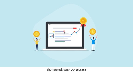 Erfolgreiche PPC-Kampagne, Wachstum des Internetauftritts, Geschäftsleute, die Geld in PPC-Werbung investieren - Vektorgrafik mit Zeichen und Symbolen