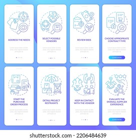 Successful procurement plan blue gradient onboarding mobile app screen set. Walkthrough 4 steps graphic instructions with linear concepts. UI, UX, GUI template. Myriad Pro-Bold, Regular fonts used