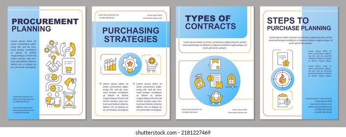 Successful procurement process blue brochure template. Strategies. Leaflet design with linear icons. Editable 4 vector layouts for presentation, annual reports. Arial, Myriad Pro-Regular fonts used