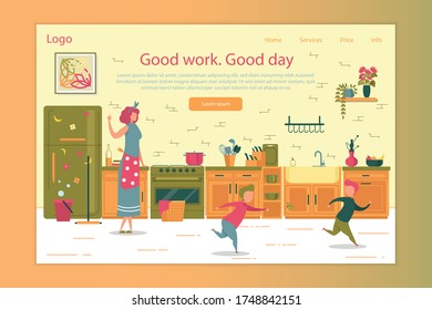 Successful Productive Good Housework and Kid Education Landing Page Design. Mother Standing on Kitchen Teaching Children to Keep Calm. Two Misbehavior Boy Running Playing Catch-up. Vector Illustration