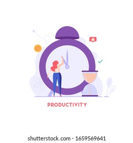 Successful productive woman UI illustrations in flat design. Concept of planning, time management, productivity. Woman controlling time with success. Vector illustration