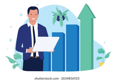 Successful professional businessman - Businessperson holding laptop computer smiling in front of rising chart with green arrow pointing upwards to success. Business growth and achievement concept