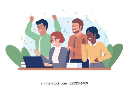 Successful project completion 2D vector isolated illustration. Happy colleagues with laptop flat characters on cartoon background. Colorful editable scene for mobile, website, presentation