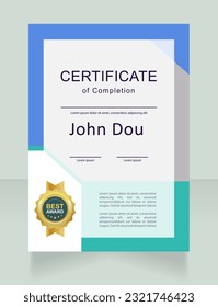 Plantillas de diseño de certificados de finalización de proyecto correctas. Diploma vectorial con espacio de copia personalizado y fronteras. Documento impreso para premios y reconocimiento. Fuentes Arial, Myriad Pro utilizadas