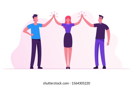 Successful Project Deal Victory Goal Achievement. Business Colleagues Giving Highfive in Office. Male and Female Businesspeople Characters Rejoice for Good Job done. Cartoon Flat Vector Illustration