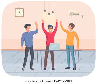 Successful project execution, happy colleagues congratulate each other joyfully raised hands up
