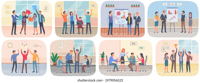 Successful project execution, happy colleagues congratulate each other joyfully raised their hands up. Teamwork, conversation in office. Businessmen discuss company's business strategy scenes set