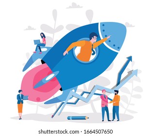 Erfolgreicher Projektstart. Geschäftsmann auf Rakete. Startup, Metaphern für das Geschäftswachstum. Vektorillustration-Illustration für Webbanner, Infografiken, Mobilfunk