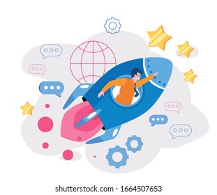 Successful project launch. Businessman on rocket. Startup,  business growth metaphors. Vector illustration for web banner, infographics, mobile