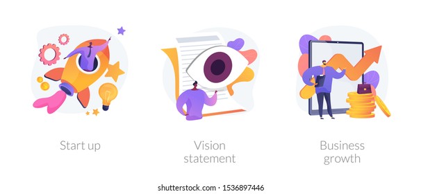 Successful project launch, corporate strategy presentation, financial development icons set. Startup, vision statement, business growth metaphors. Vector isolated concept metaphor illustrations