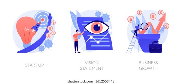 Successful project launch, corporate strategy presentation, financial development icons set. Startup, vision statement, business growth metaphors. Vector isolated concept metaphor illustrations