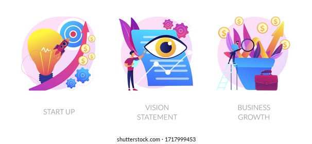 Successful project launch, corporate strategy presentation, financial development icons set. Startup, vision statement, business growth metaphors. Vector isolated concept metaphor illustrations