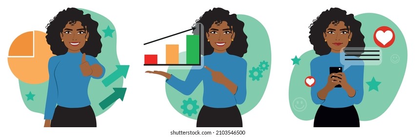 Erfolgreicher Projektstart, Corporate Strategy Präsentation, Icons Set. Startup, Vision-Statement, Metaphern zum Geschäftswachstum, Geschäftsfrau, Schöne Afroamerikanerin