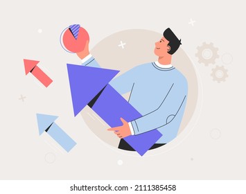 Successful project launch, corporate strategy presentation, business growth metaphors. Businessman holding large arrow. Successful startup and career growth.