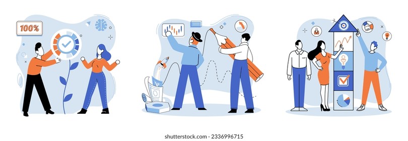 Successful project launch. Vector illustration. A successful business, symbol of unwavering commitment and perseverance Project launch startup, inauguration of journey full of opportunities
