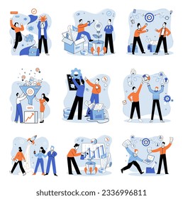 Successful project launch. Vector illustration. Project launch management, puppeteer pulling strings behind successful venture A project launch, adventurous plunge into seof opportunity A successful