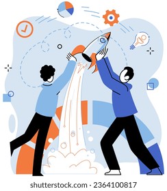 Successful project launch. Vector illustration. A development project idea, inception of potential game-changer Project launch management, steering wheel guiding project towards success