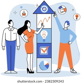 Erfolgreicher Projektstart. Vektorgrafik. Eine Idee von Entwicklungsprojekten, die von innovativen Lösungen ausgeht, um das Projektstartmanagement zu erweitern und alle Elemente des Projekts zusammenzuhalten