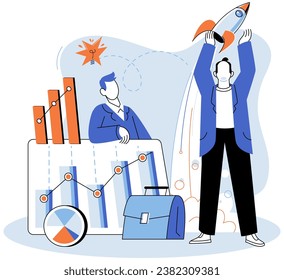 Successful project launch. Vector illustration. Project launch startup, brave dive into seof possibilities A development project idea, foundation stone of potential breakthrough Project launch