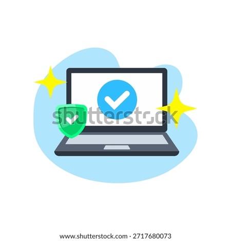 Successful protection system for secure laptop installation flat design vector, empty state ui template icon