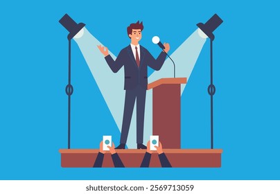 Successful public speaking. Confident speaker delivering a compelling presentation to a captivated audience.Ideal for websites, articles, and social media posts about leadership, and achieving success