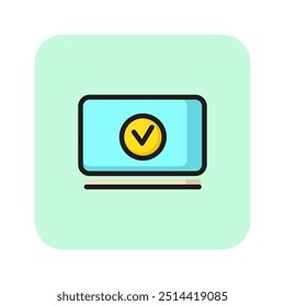 Successful purchase line icon. Computer screen, mark sign, payment. Shopping concept. Vector illustration can be used for topics like internet, online, shopping