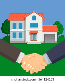 Successful purchase of a new house. Special offer from real estate agent. Successful deal, the buyer shakes hands with the seller. Vector illustration in flat design.