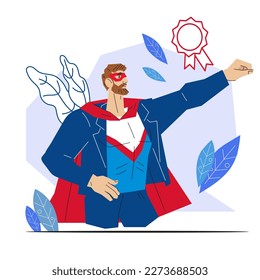 Successful and purposeful businessman superhero and leader, flat vector illustration isolated on white background. Business initiative and motivation to achieve goals, leadership determination.
