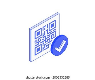 Successful QR code scan, verification, barcode isometric illustrate 3d vector icon. Modern creative design illustration in flat line style.