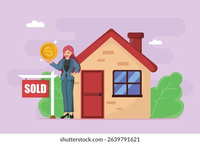 Successful Real Estate Sale and Property Investment: A Female Agent Proudly Presents a Golden Coin, Symbolizing Profit from a Recently Sold House.