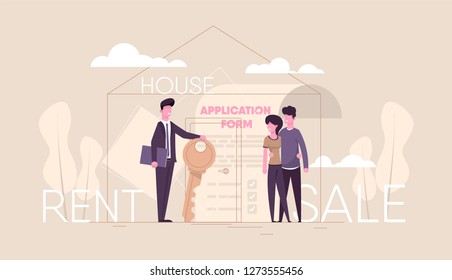 Successful realtor holding key in his hand and sells, rent house to young couple family.estate agent and happy client. Application form and key. modern flat illustration. web design landing concept.