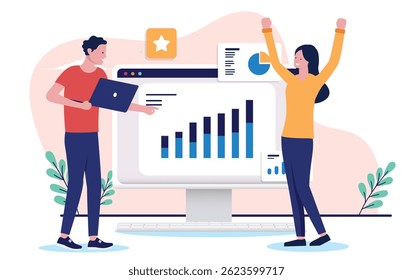 Successful results - Two people in marketing cheering over successful graph and chart showing business growth with rising diagram. Flat design vector illustration on white background
