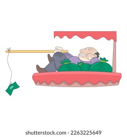 a successful rich boss is fishing using money. vector design illustration art