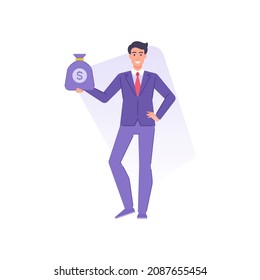 Successful rich business man standing with sack full of money enjoying wealth financial independence vector flat illustration. Happy entrepreneur with bag of cash dollar money coins earnings isolated
