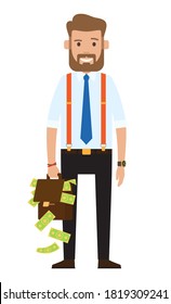 Successful rich businessman, banker, oligarch wearing stylish blue tie, suspenders, black trousers. Bearded guy in white shirt. Business person holding bag with a lot of money, smiling, happy rich guy