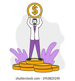 A successful rich businessman stands on a stack of dolar coins.Money investment concept.Vector flat illustration.Isolated on white background.Outline vector illustration.