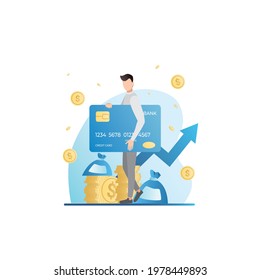 Successful, rich man with large credit, debit card, NFC chip in hands. Contactless payment for goods, purchases on Internet in cash, coins, money. Banking services. Raising wages, increasing finance.