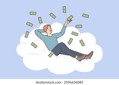Successful rich man scatters money, lying on cloud, rejoicing in financial independence. Rich happy guy is throwing away money thanks to passive income from investments or own business