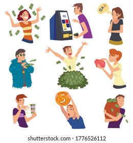 Successful Rich People Enjoying Their Wealth Set, Men and Women Carrying Moneybags, Throwing Banknotes, Standing under Money Rain Vector Illustration
