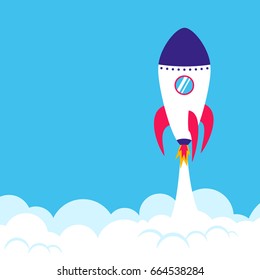 Successful rocket launch. Start up concept. Square format simple vector illustration of a skyrocket taking off on blue background