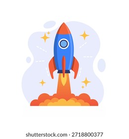 Successful rocket launch startup business project boost progress flat design vector illustration empty state ui element