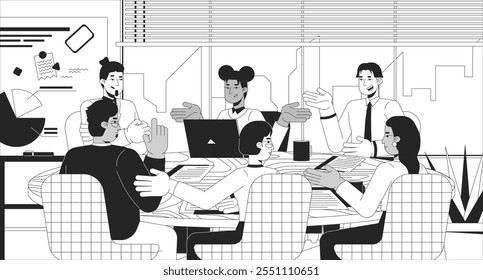 Ilustração bem-sucedida da linha preta e branca da discussão da mesa redonda. Negociando o plano de fundo monocromático de caracteres 2D de colegas de equipe. Colegas de trabalho diversos em mesa redonda brainstorming outline vetor imagem
